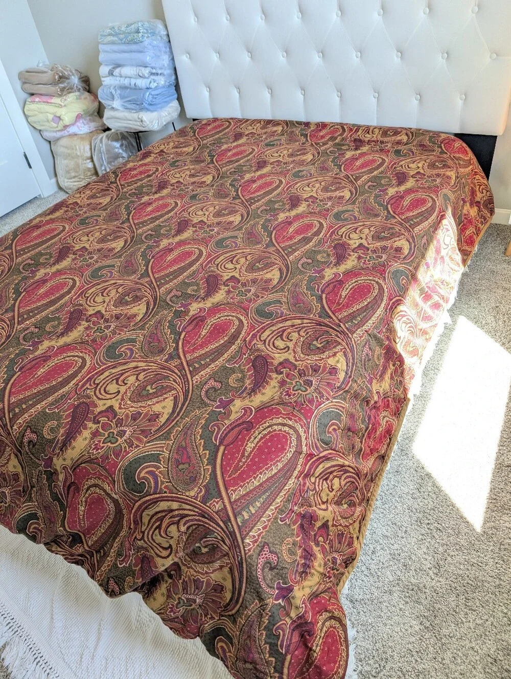 Charter Club Full Queen Duvet Cover Paisley 100% Cotton Sateen Boho Red Green